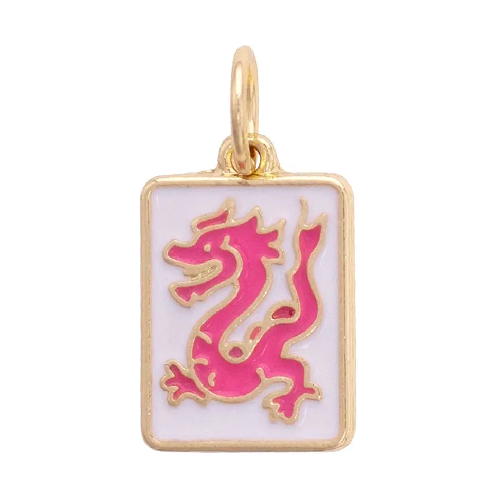 Canvas Style Dragon Mahjong Tile Charm in White & Pink