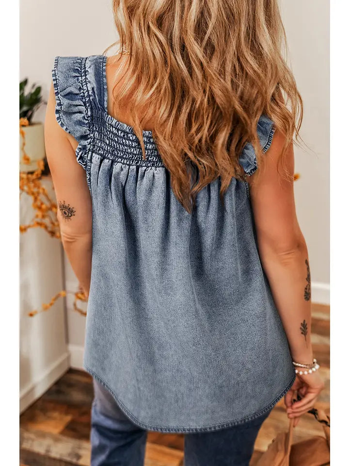 Blue Pull Up Ruffled Denim Top