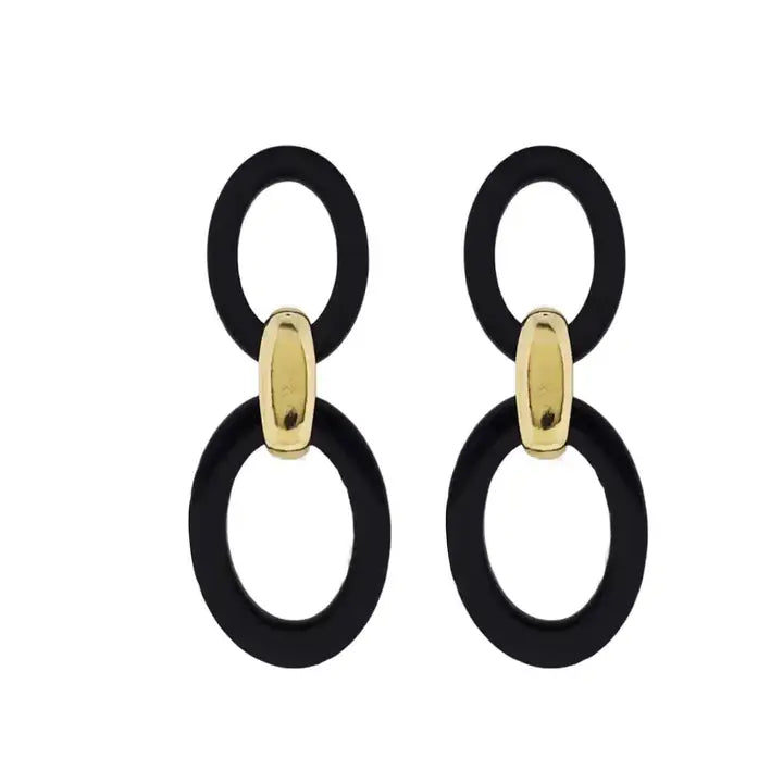Jane Marie 18k Gold Plated Black Oval, Gold Link, Black Oval Earring