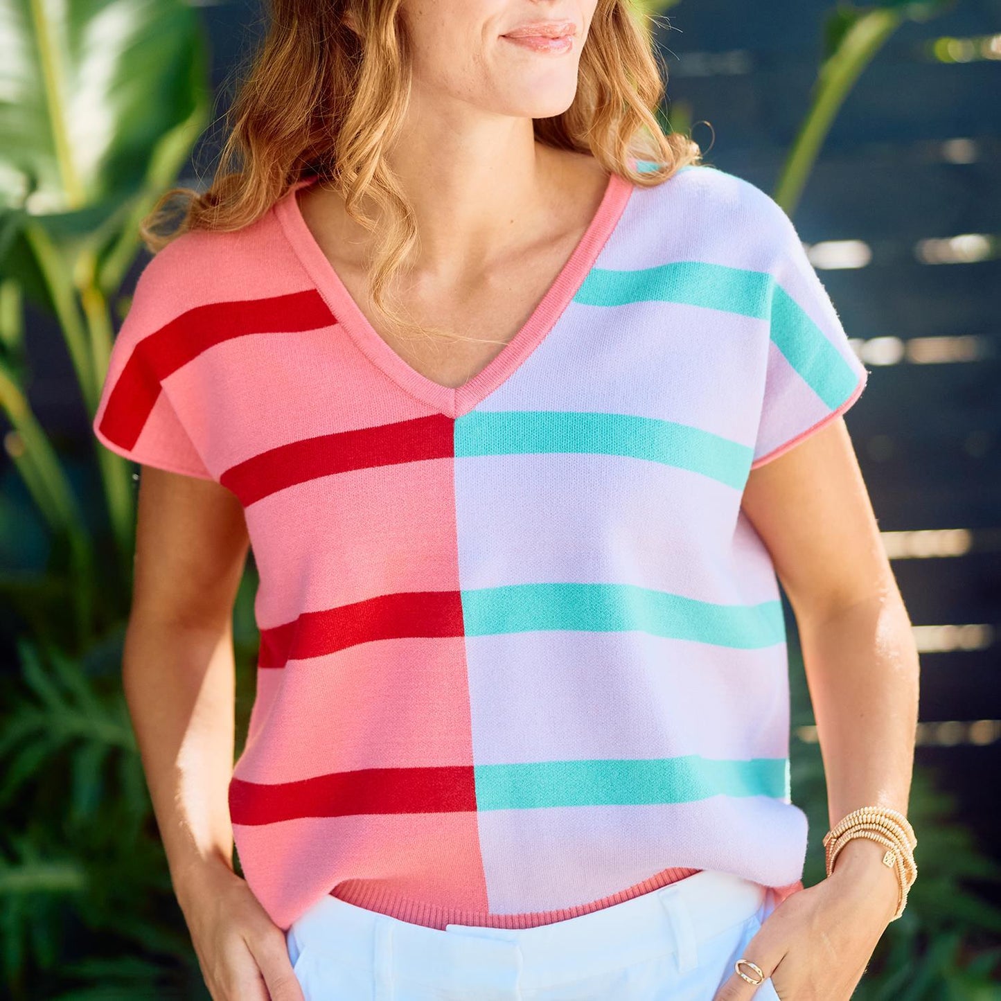 Mary Square Sweater Hannah Coral Lilac Stripe