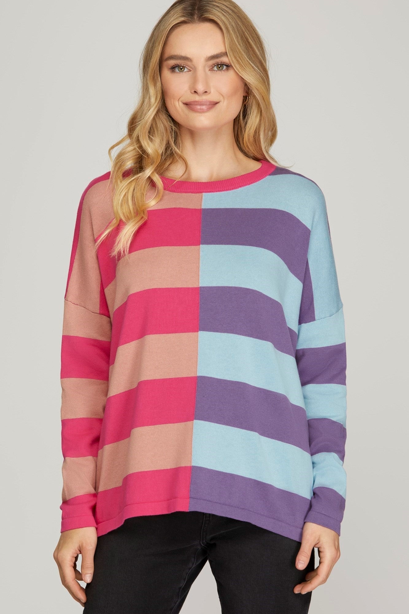 She + Sky Long Sleeve Stripe Color Block Sweater