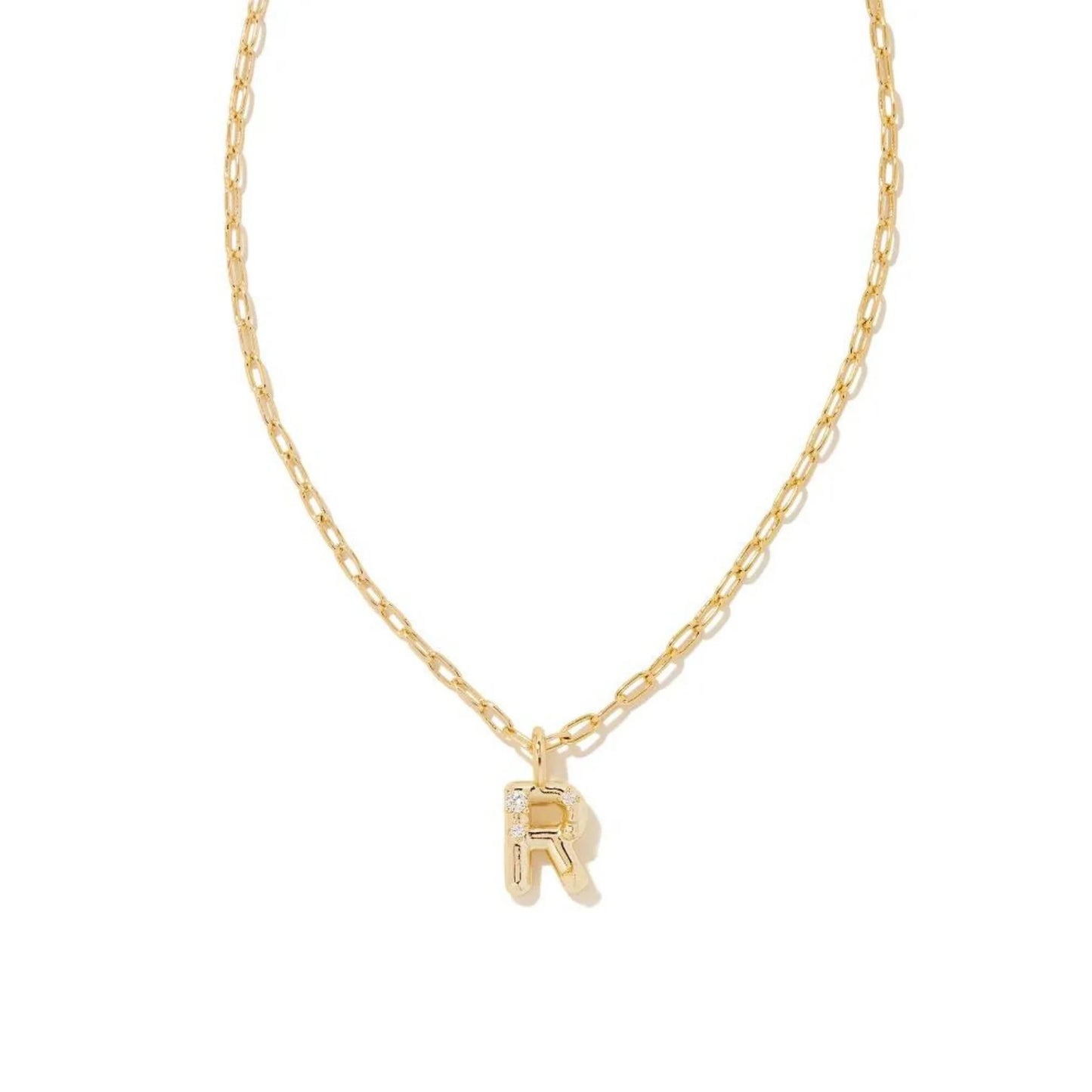 KENDRA SCOTT CRYSTAL LETTER R SHORT PENDANT NECKLACE GOLD WHITE CZ