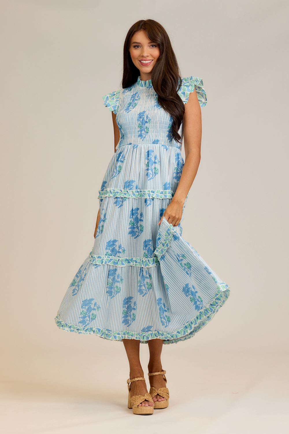 MUD PIE PERIN SMOCKED MIDI DRESS-BLUE