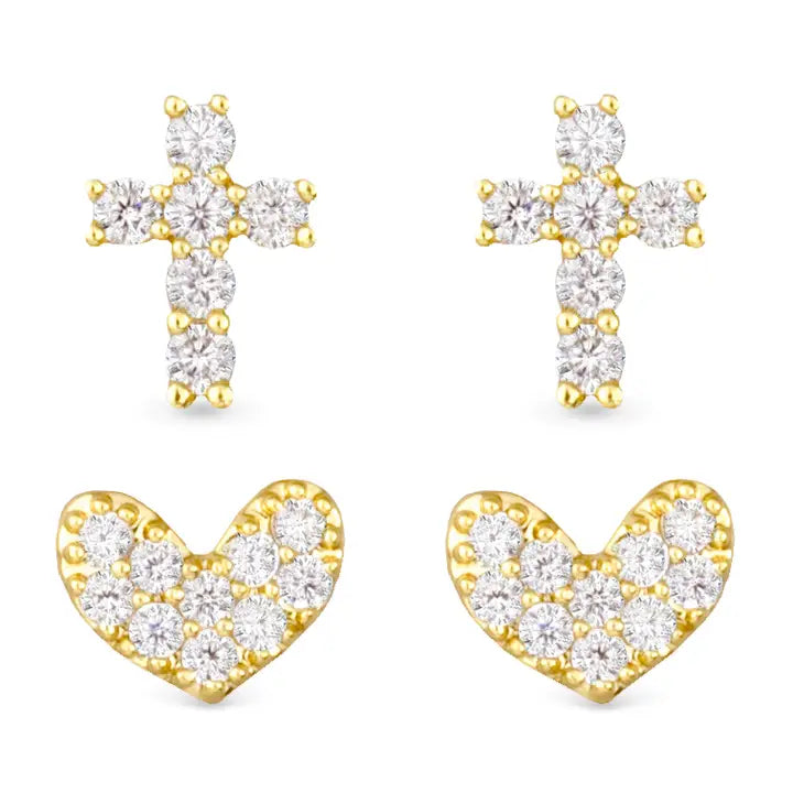 Amanda Blu Pave Cross and Heart Duo Earring Set - Gold