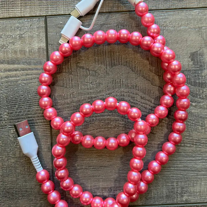 Beaded Phone Charger with Lightning & Usb-C Cable-Pink Pearl