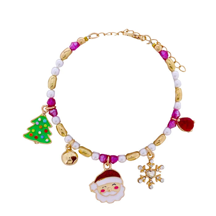 JANE MARIE Kids Pink, Pearl, Gold Beaded Bracelet with Christmas Tree, Santa, Snowflake Charms