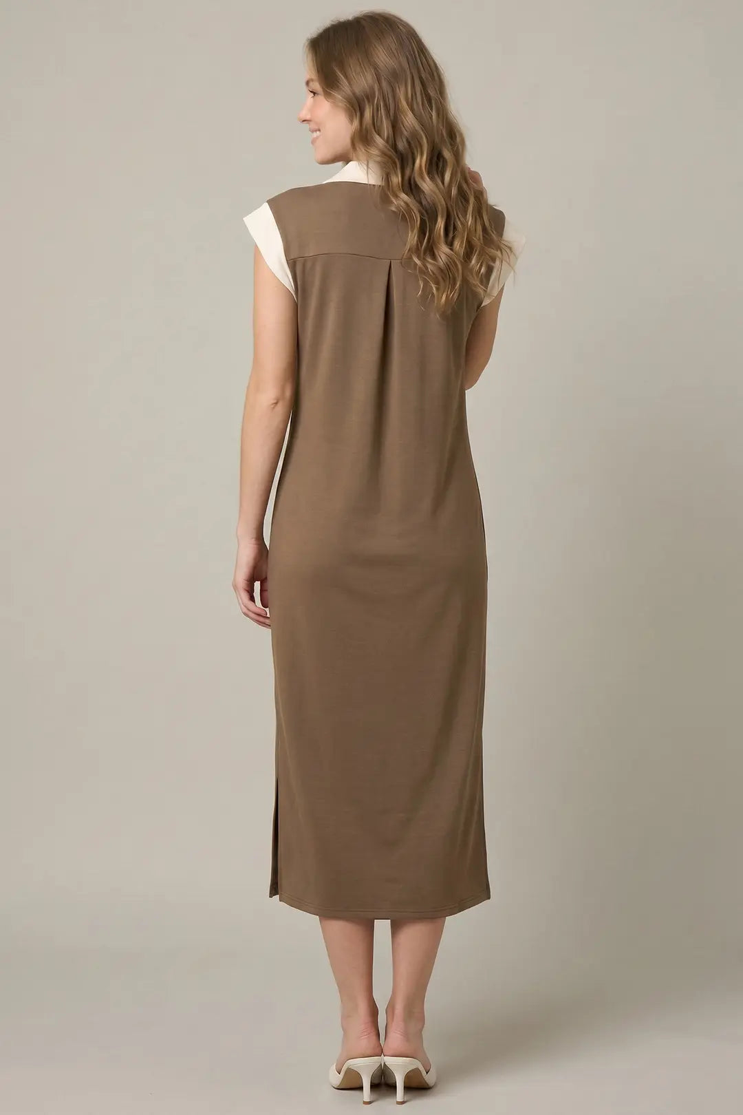 SHE + SKY DROP SHOULDER MIDI DRESS WITH POCKETS