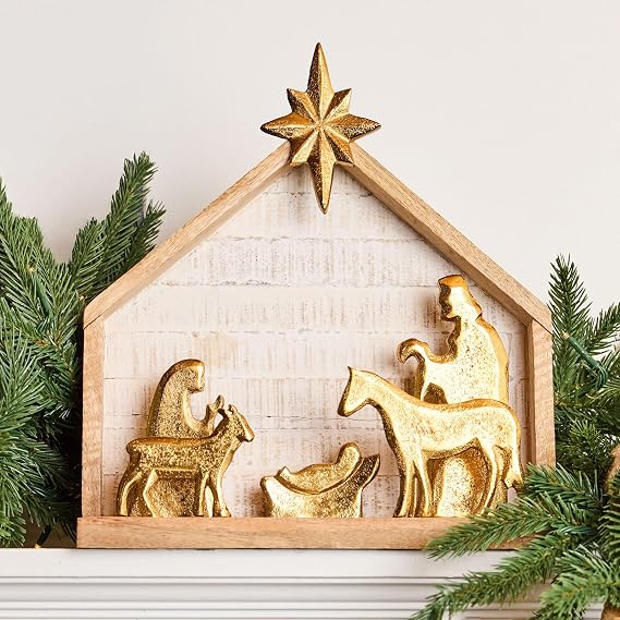 Mary Square Small Gold Nativity Scene Wooden Stable with Metallic Figures