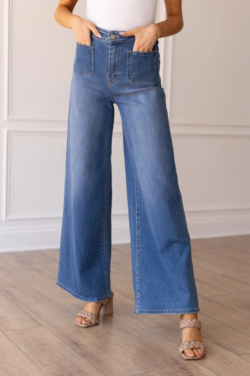 Grace + Emma Medium Wash Wide Leg Flare with Front Pockets