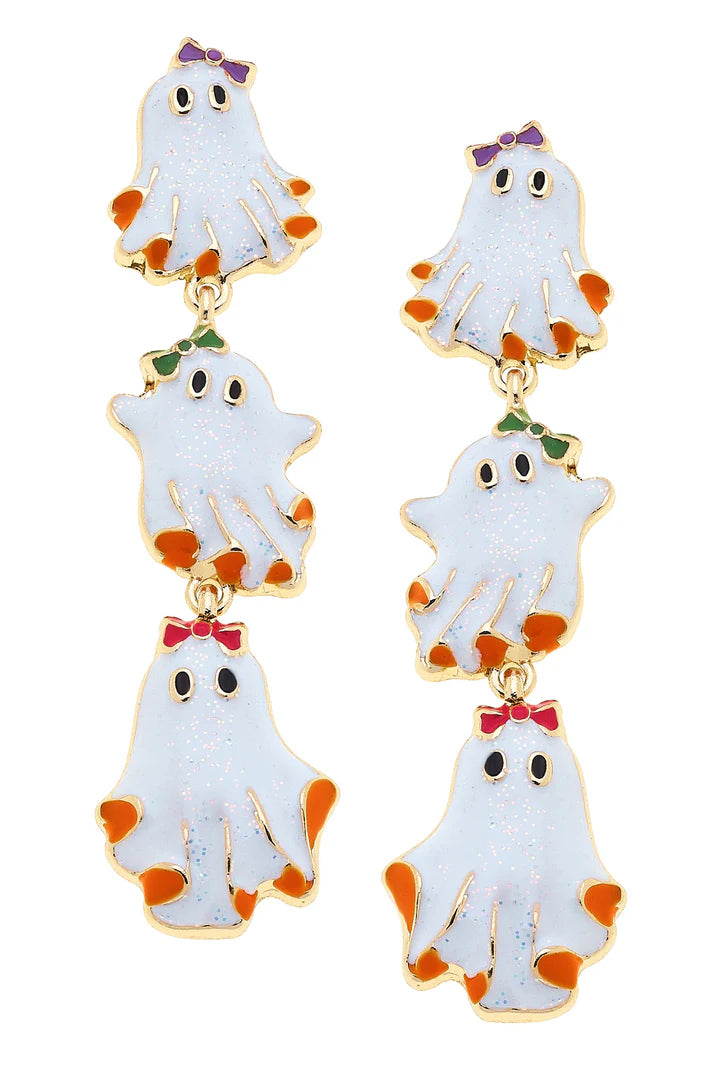 Canvas Style Halloween Linked Enamel Ghost Earrings in White