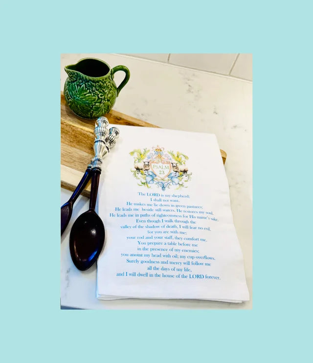 Standing On The Word Tea Towel Crest with sheep verse: Psalm 23 The Lord is my shepherd