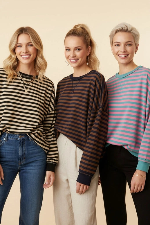 Heimish Striped Drop-Shoulder Pullover Sweatshirt-Teal/Pink