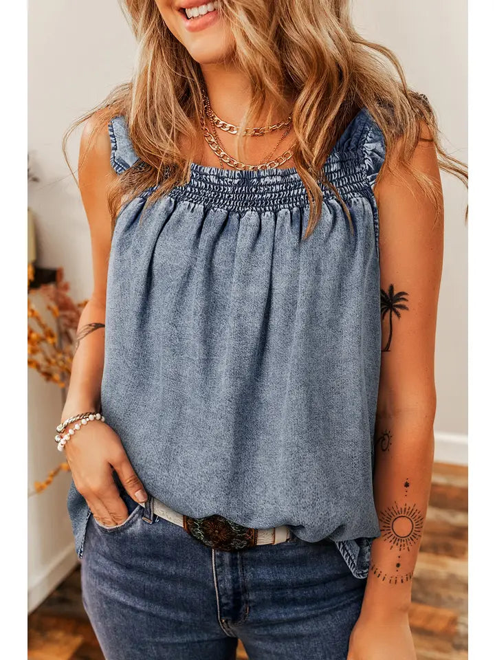 Blue Pull Up Ruffled Denim Top
