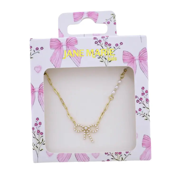 Jane Marie Kids Gold Paperclip Chain Necklace with Pearl Bow & Pearls