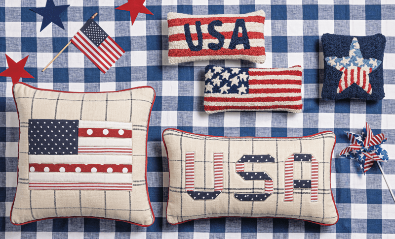 MUD PIE FLAG AMERICANA HOOK WOOL MINI PILLOW