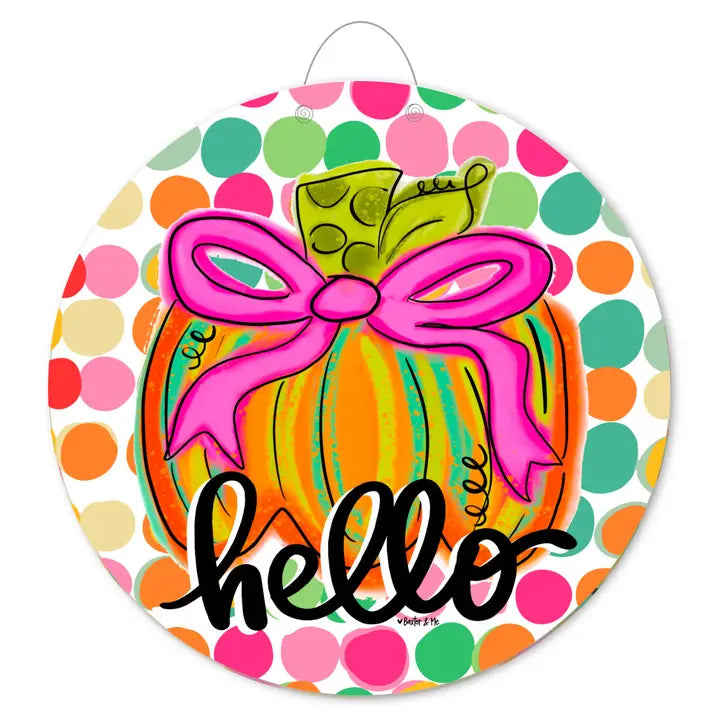 Baxter & Me Happy Dot Pink Ribbon Pumpkin Door Hanger