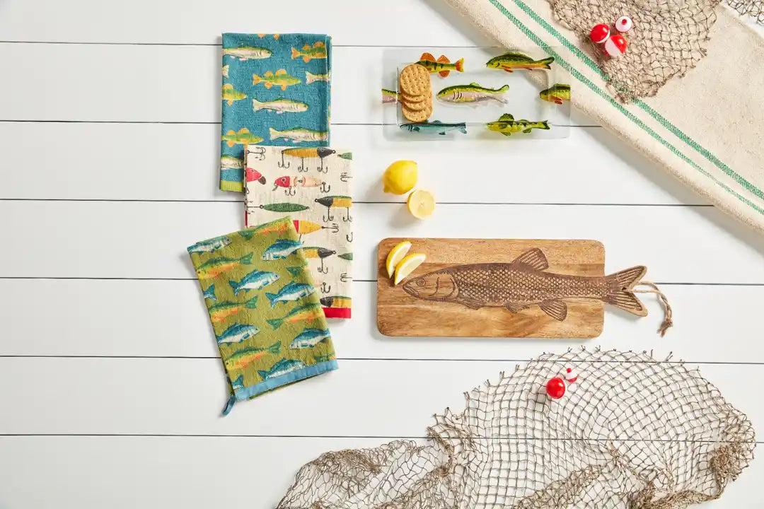 MUD PIE GREEN FISH PATTERNED TOWEL