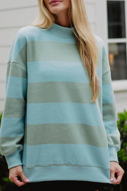 Katydid Aqua and Green Striped Mockneck Sweatshirt Women