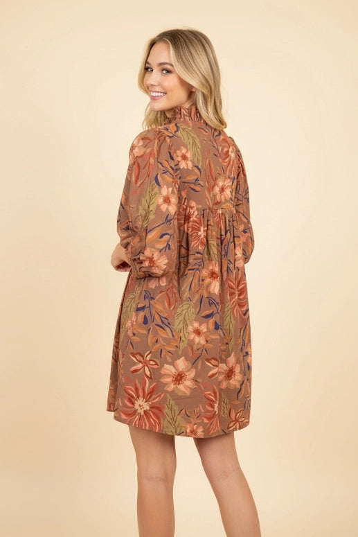 Heimish Botanical Print Puff Sleeve Ruffle Neck Mini Dress