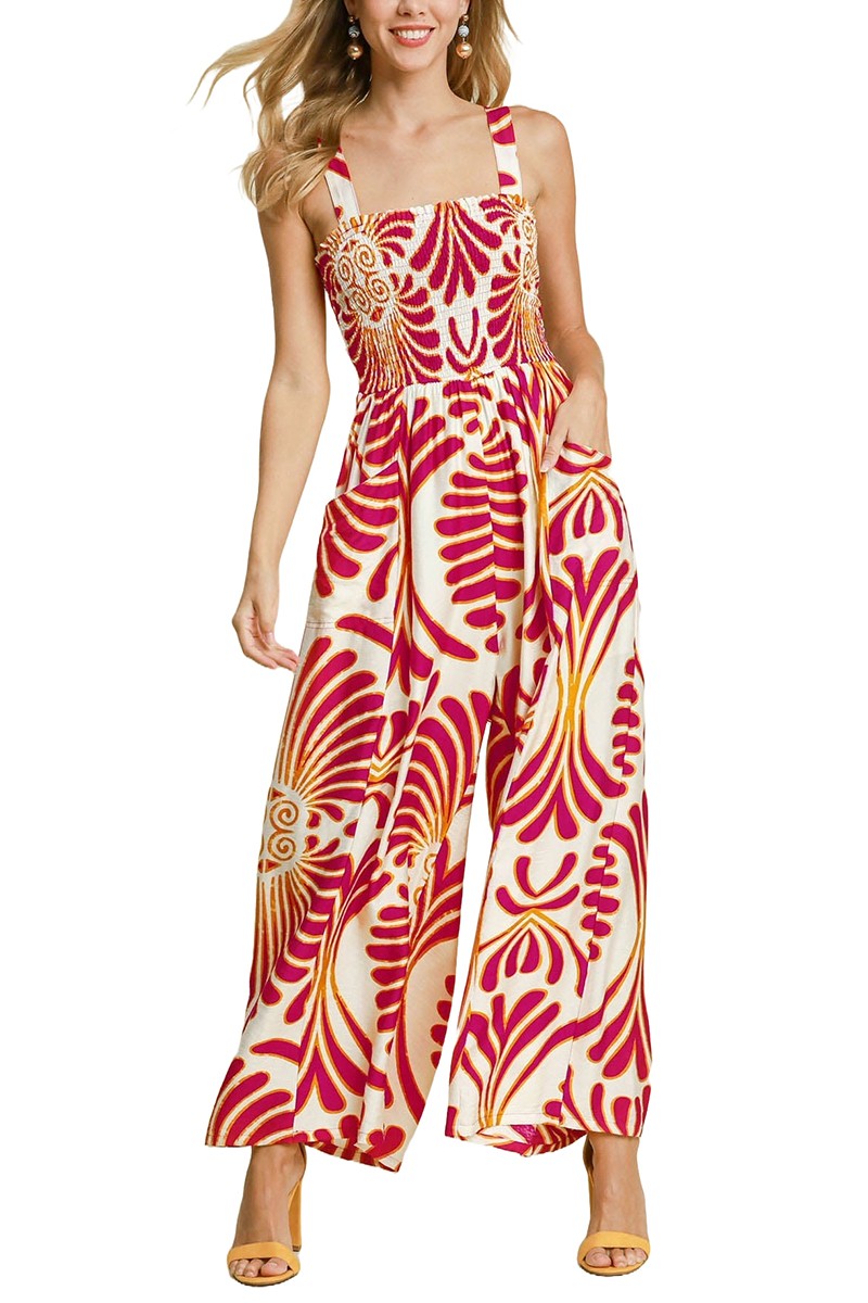 Umgee Printed Smocked Jumpsuit