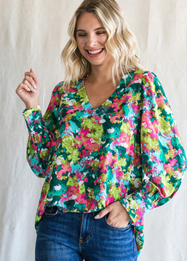 JODIFL Beautiful V-Neck Bubble Sleeve Top