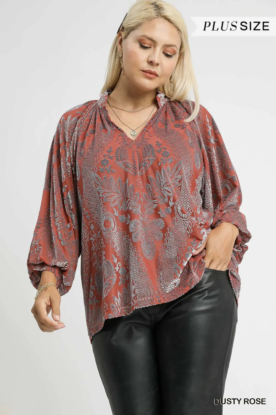 Umgee Damask Print Velvet Split Neck Top
