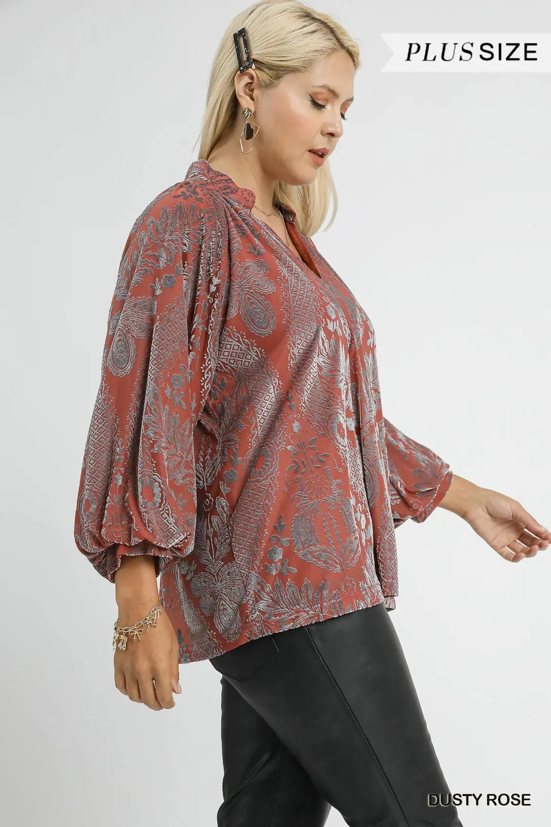 Umgee Damask Print Velvet Split Neck Top