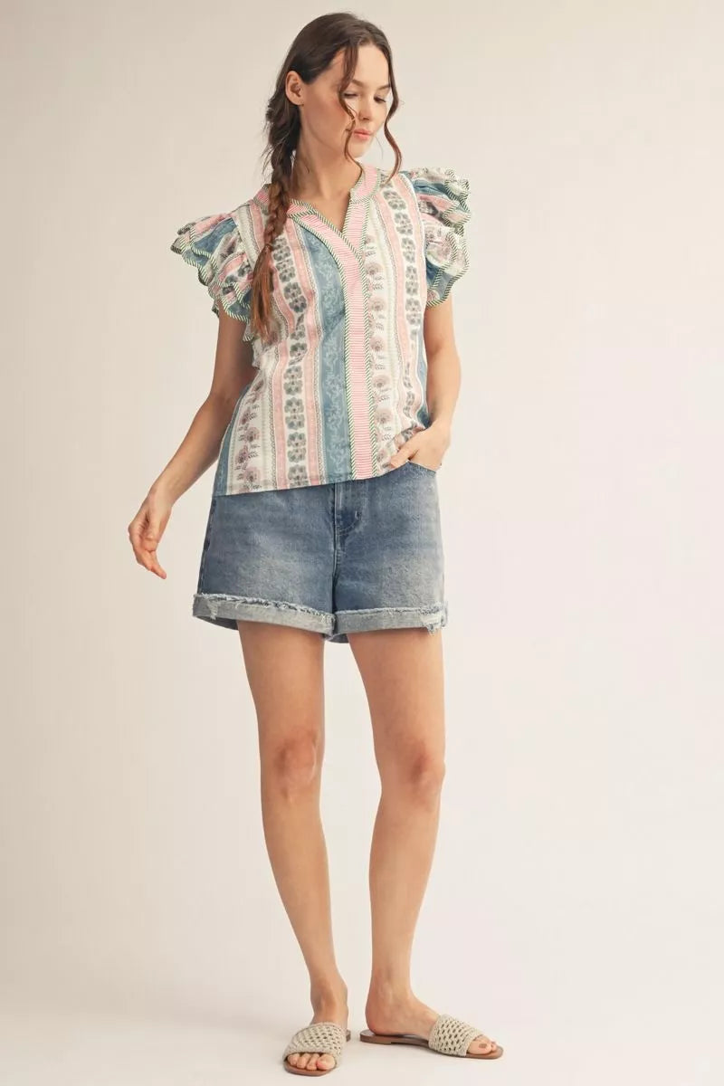 Jodifl Layered ruffle cap sleeves boho floral top-Mauve/Pink