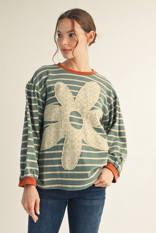 Jodifl Eyelet Floral Patched Stripe Top