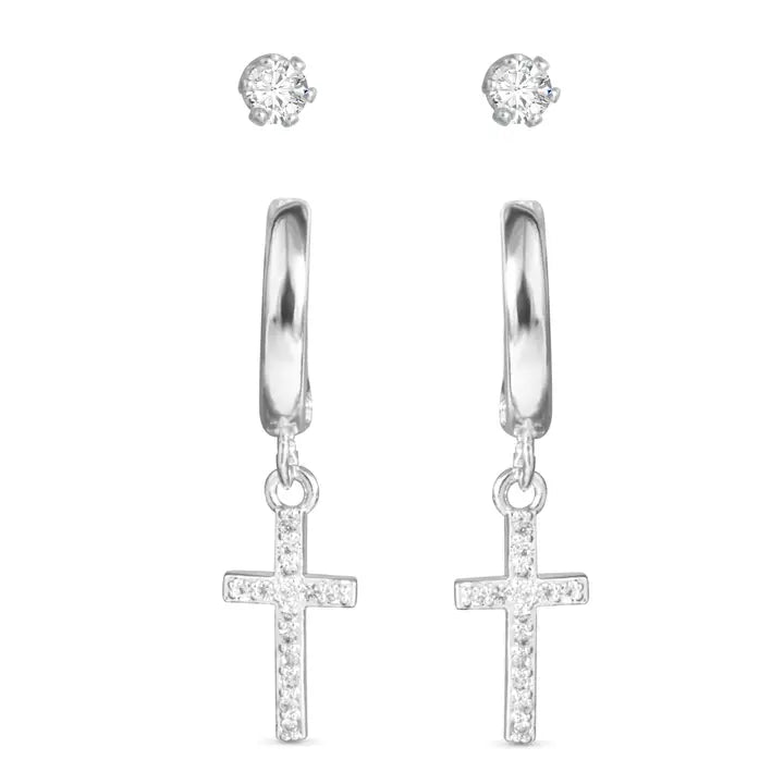 Amanda Blu Cross Cz Huggie and Cz Stud Duo Earrings - Silver