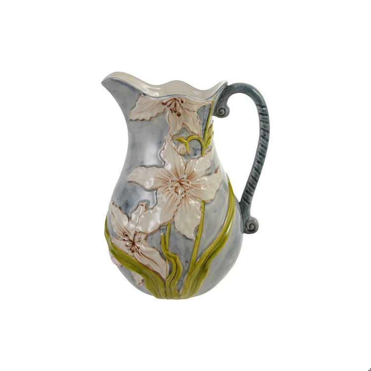 HAZEL MAZEL Embossed Stoneware Pitcher W Flowers
