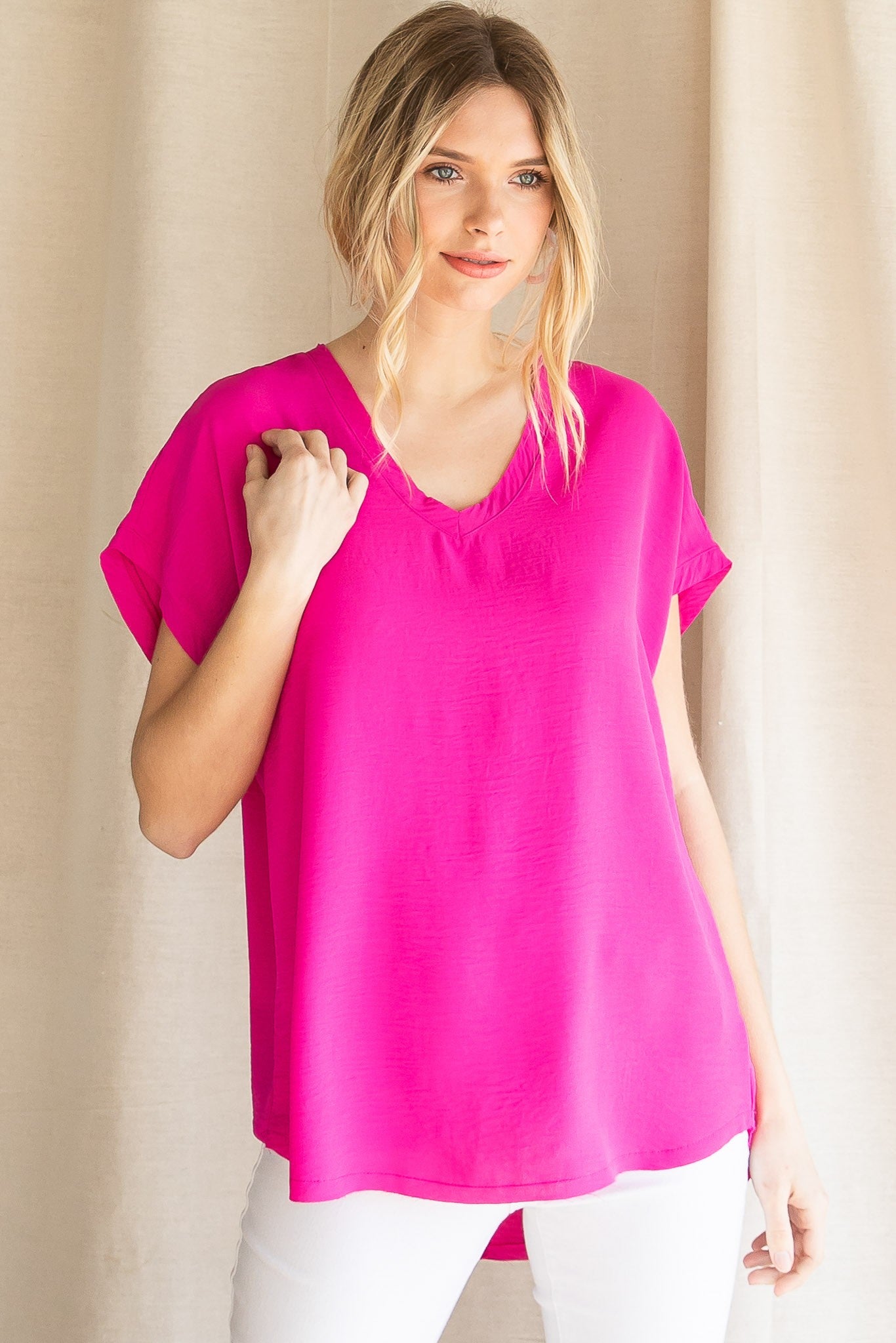Jodifl Solid Cap Sleeve Raw Edge Top-Hot Pink