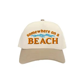 Somewhere on a Beach Embroidered Trucker Hat-Beige