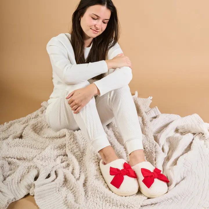The Darling Effect Fuzzy Slippers-Betty Bow Red