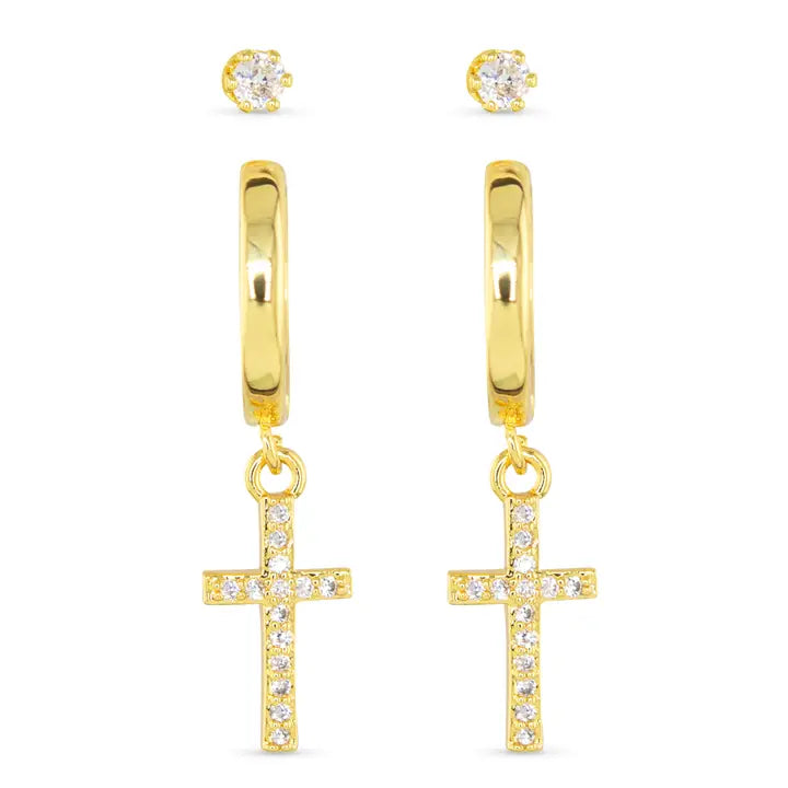 Amanda Blu Gold Cross & Stud Duo Earrings