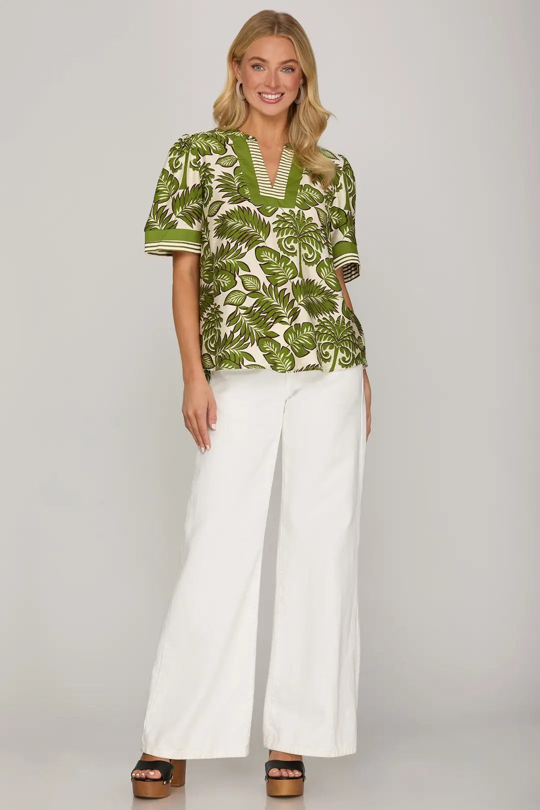 SHE + SKY HALF SLEEVE V NECK WITH CONTRAST DETAIL WOVEN PRINT TOP-GREEN
