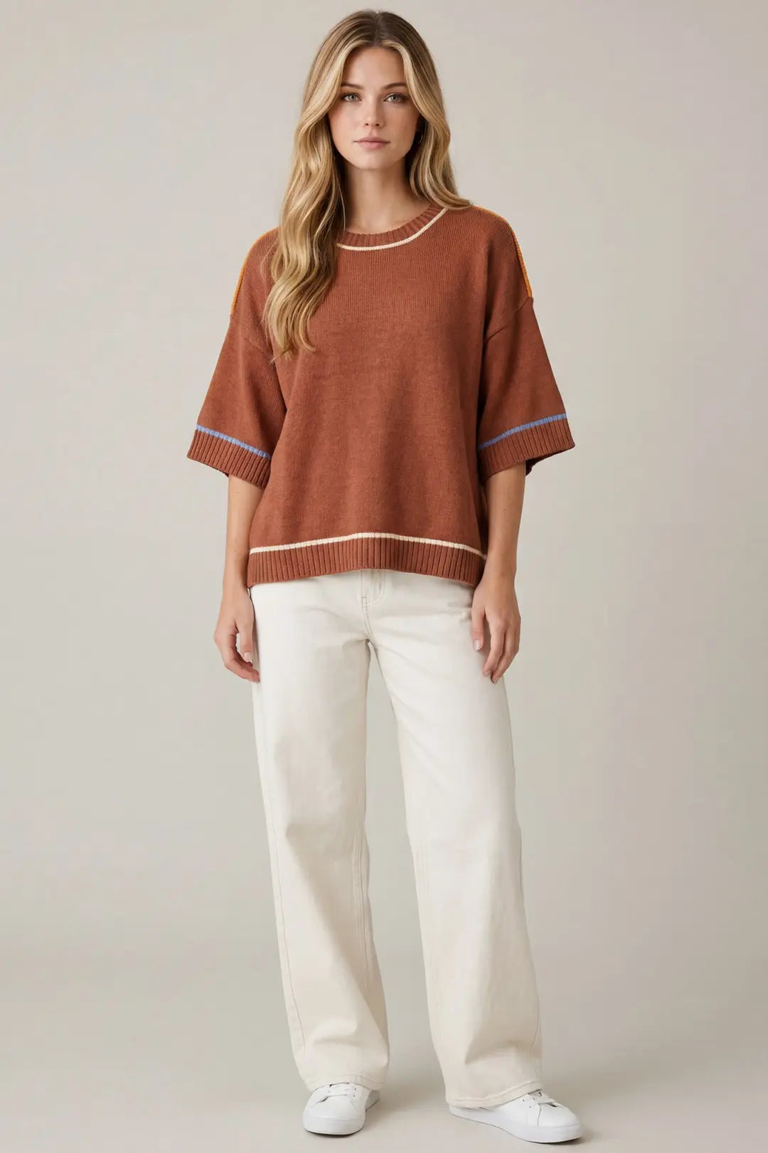 SHE + SKY 1/2 SLEEVE CONTRAST LINED SWEATER