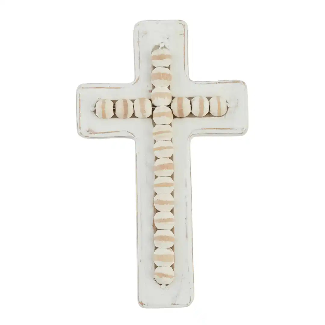 MUD PIE WHITE BEADED WOOD CROSS