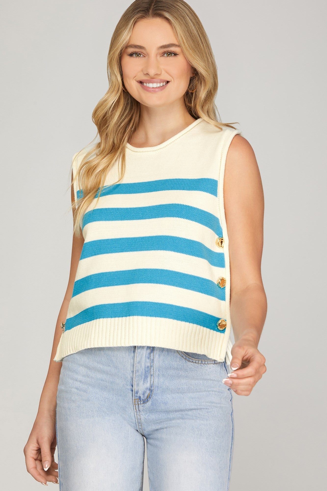 She + Sky Sleeveless Stripe Sweater Top-Aqua