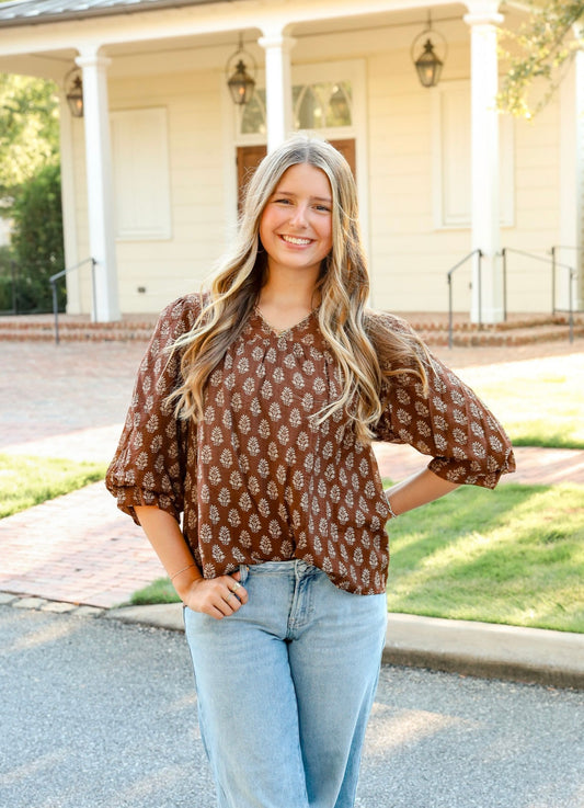 Umgee Floral Print V-Split Blouse