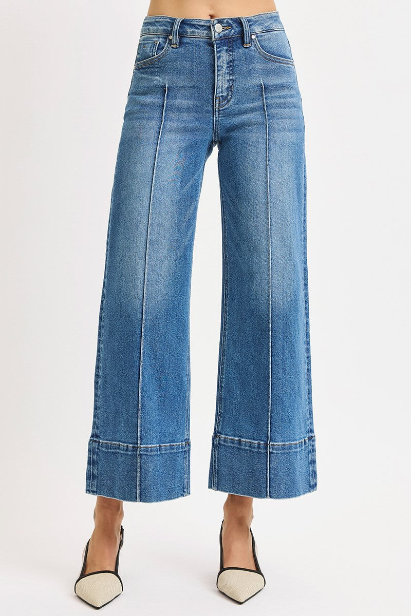 RISEN JEANS TUMMY CONTROL MID RISE CROP WIDE PINTUCK FRONT JEANS