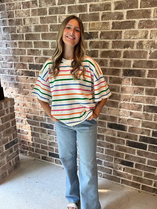 SHE & SKY SHORT SLEEVE MULTI STRIPED SWEATER TOP