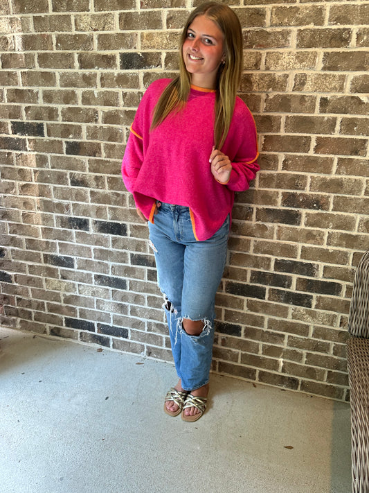 SHE & SKY LONG SLEEVE CONTRAST SWEATER TOP-HOT PINK