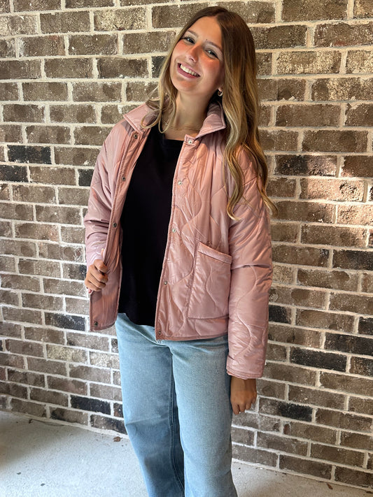 Katydid Pink Button Up Quilted Puffer Jacket