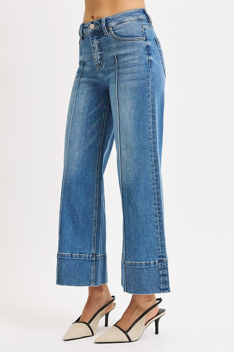 RISEN JEANS TUMMY CONTROL MID RISE CROP WIDE PINTUCK FRONT JEANS
