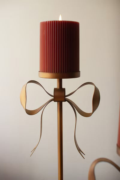 Kalalou Antique Brass Pillar Candle Stands with Bow Detail