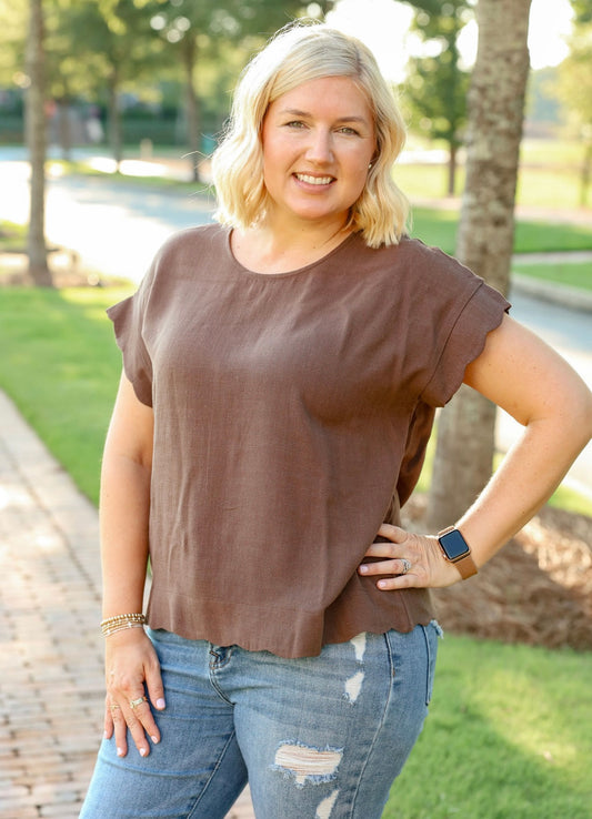 Umgee Scallop Hem Linen Blend Top