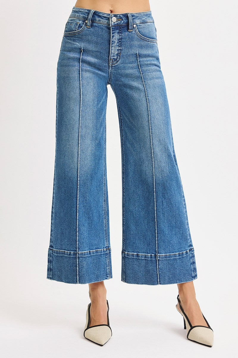 RISEN JEANS TUMMY CONTROL MID RISE CROP WIDE PINTUCK FRONT JEANS