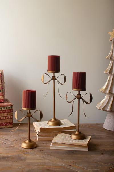 Kalalou Antique Brass Pillar Candle Stands with Bow Detail