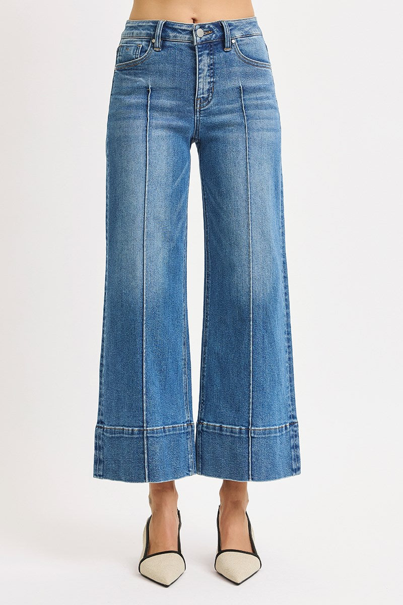 RISEN JEANS TUMMY CONTROL MID RISE CROP WIDE PINTUCK FRONT JEANS